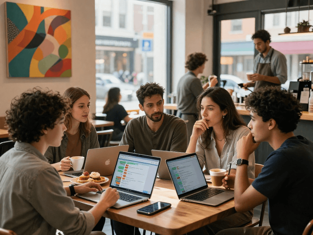 Engaging group enjoying spicy chat ai at a modern café