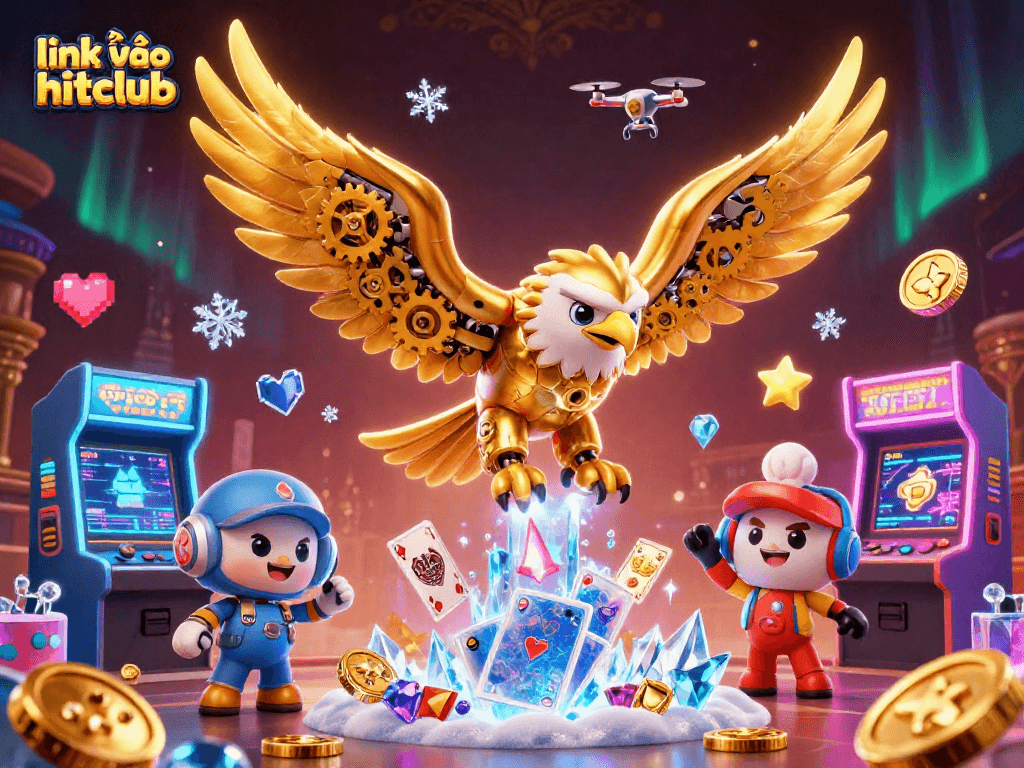 Experience gaming excitement with link vào hitclub in a vibrant 3D scene filled with arcade and casino elements.