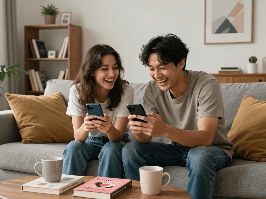 Engaging dirty chat ai interactions in a cozy living room with a couple.