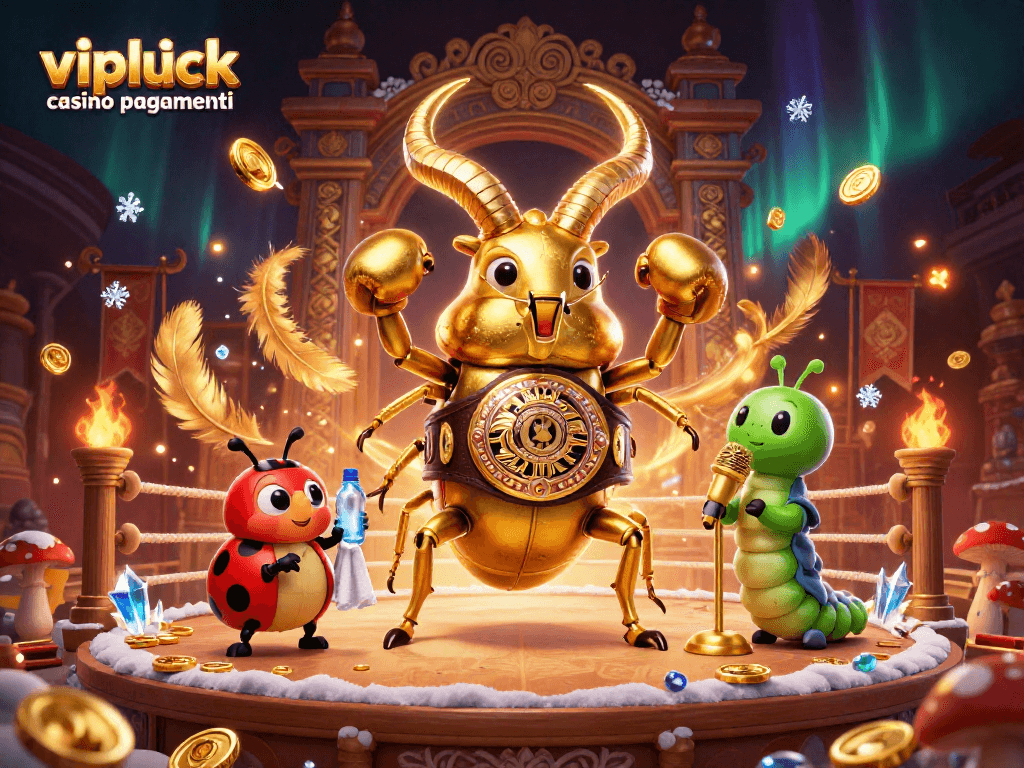I pagamenti vipluck casino su un'illustrazione 3D dinamica con elementi di gioco e personaggi colorati.