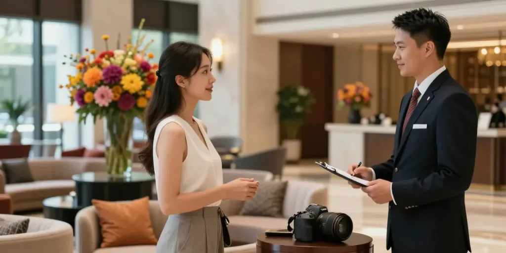 Elegant woman in a luxury hotel lobby, symbolizing premium נערות ליווי בצפון service.