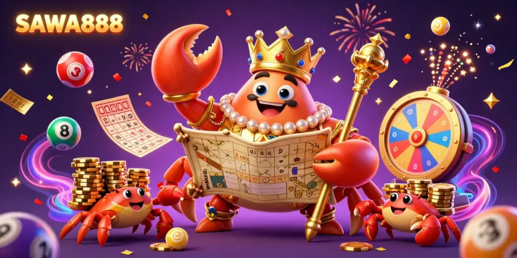Experience the thrilling action of SAWA888 with a golden crab emperor in a vibrant casino scene.