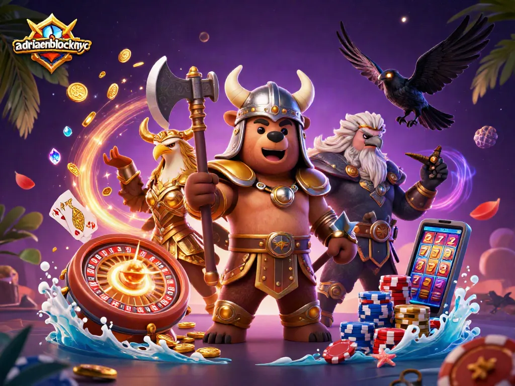Engage with adriaenblocknyc in this vibrant, casino-themed illustration showcasing a Viking bear and Valkyrie eagle.