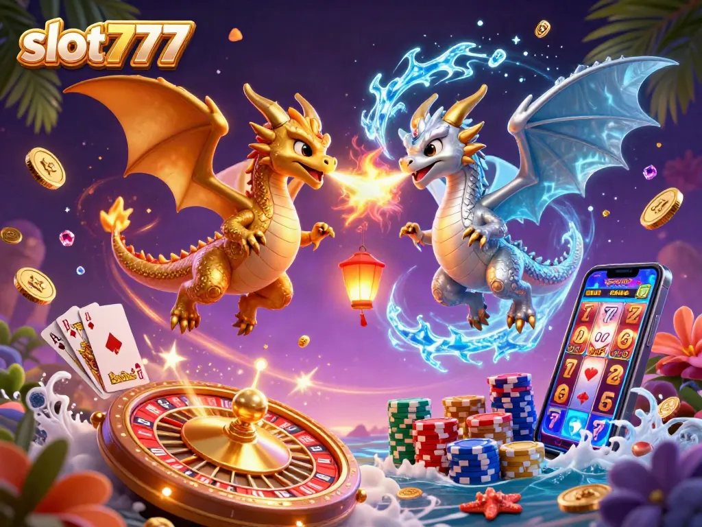 Spin and win with slot777 featuring mythical dragons, golden coins, and vibrant casino elements.
