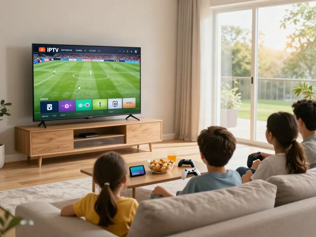 Family enjoying IPTV Italia service during a soccer match