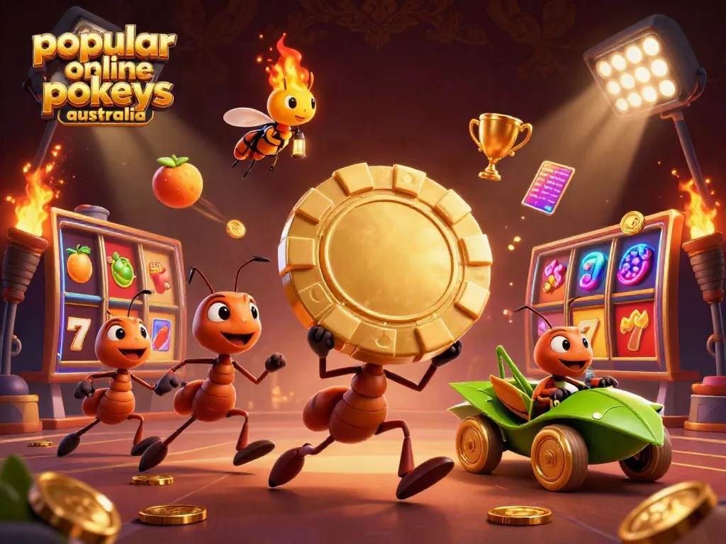 Engaging scene featuring ants carrying a golden poker chip in popular online pokies Australia.