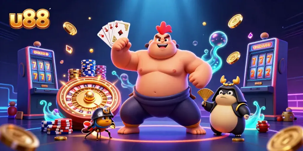 Win big at u88 while playing slots and poker in an energetic cartoon casino scene.