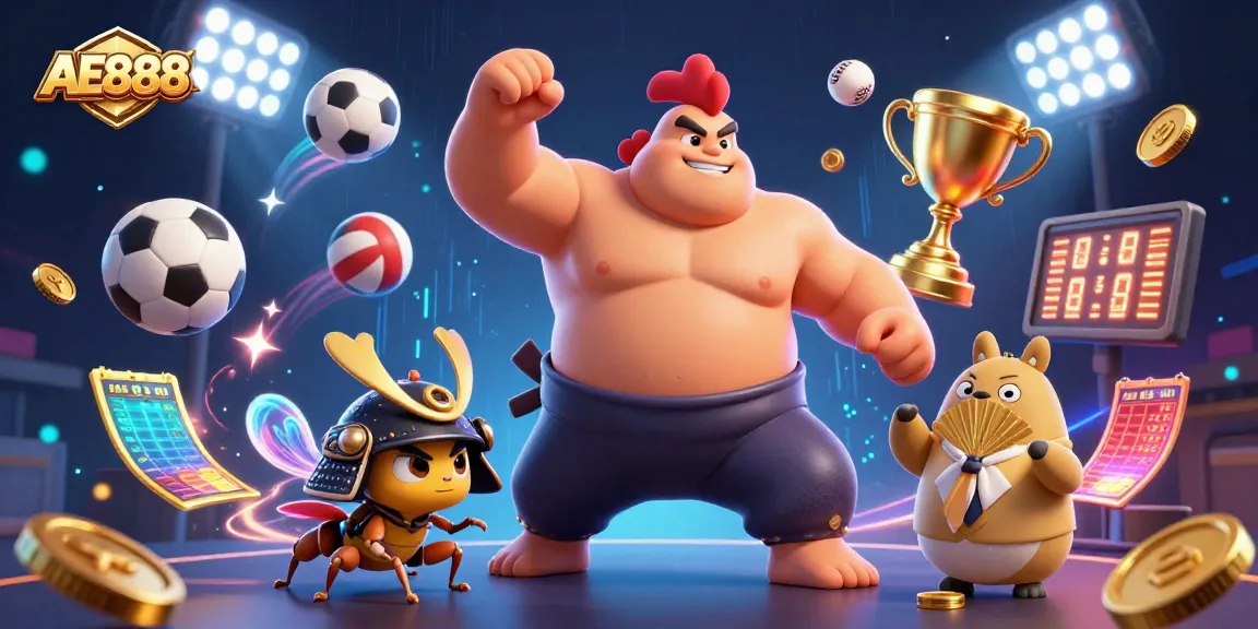 Experience the thrill of AE888 casino with a dynamic scene of lively gaming characters and elements.