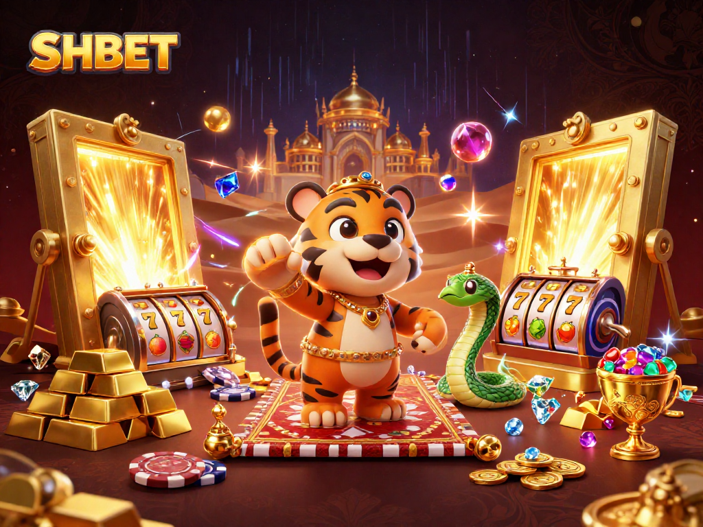 Experience the excitement of SHBET with a vibrant casino theme showcasing rich treasures and gaming elements.