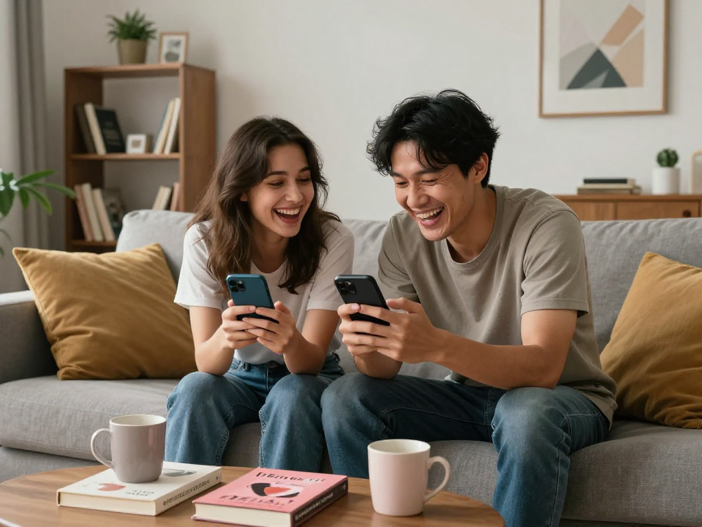 Engaging dirty chat ai interactions in a cozy living room with a couple.