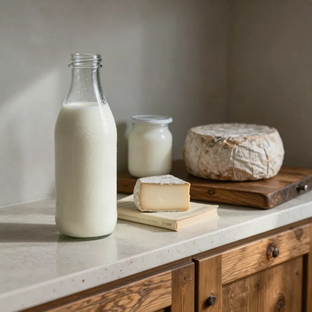 Bottiglia di latte, yogurt e formaggi su ripiano di legno, in luce fredda di cantina.