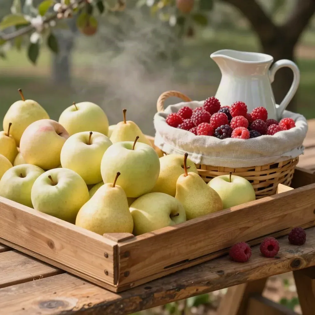 Cassette di frutta di montagna con mele, pere e lamponi su legno, in luce calda.