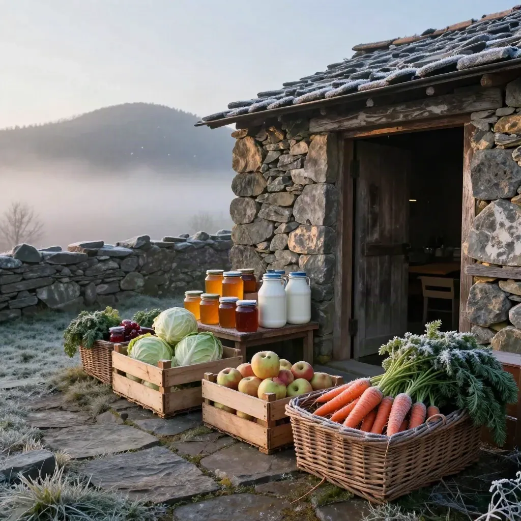 Cortile di fattoria all’alba con cassette di ortaggi, mele, latte, miele e conserve.