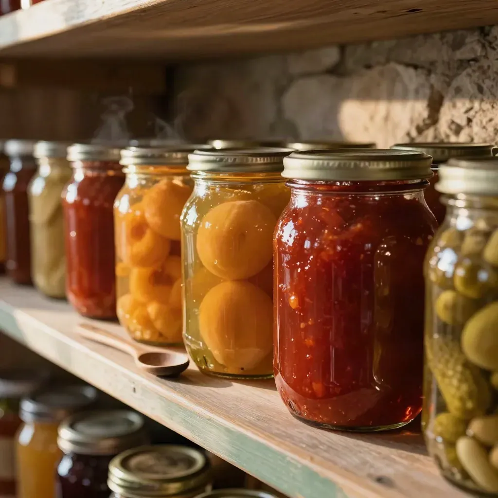 Barattoli di conserve in dispensa con vapore leggero, panno di lino e cucchiaio di legno