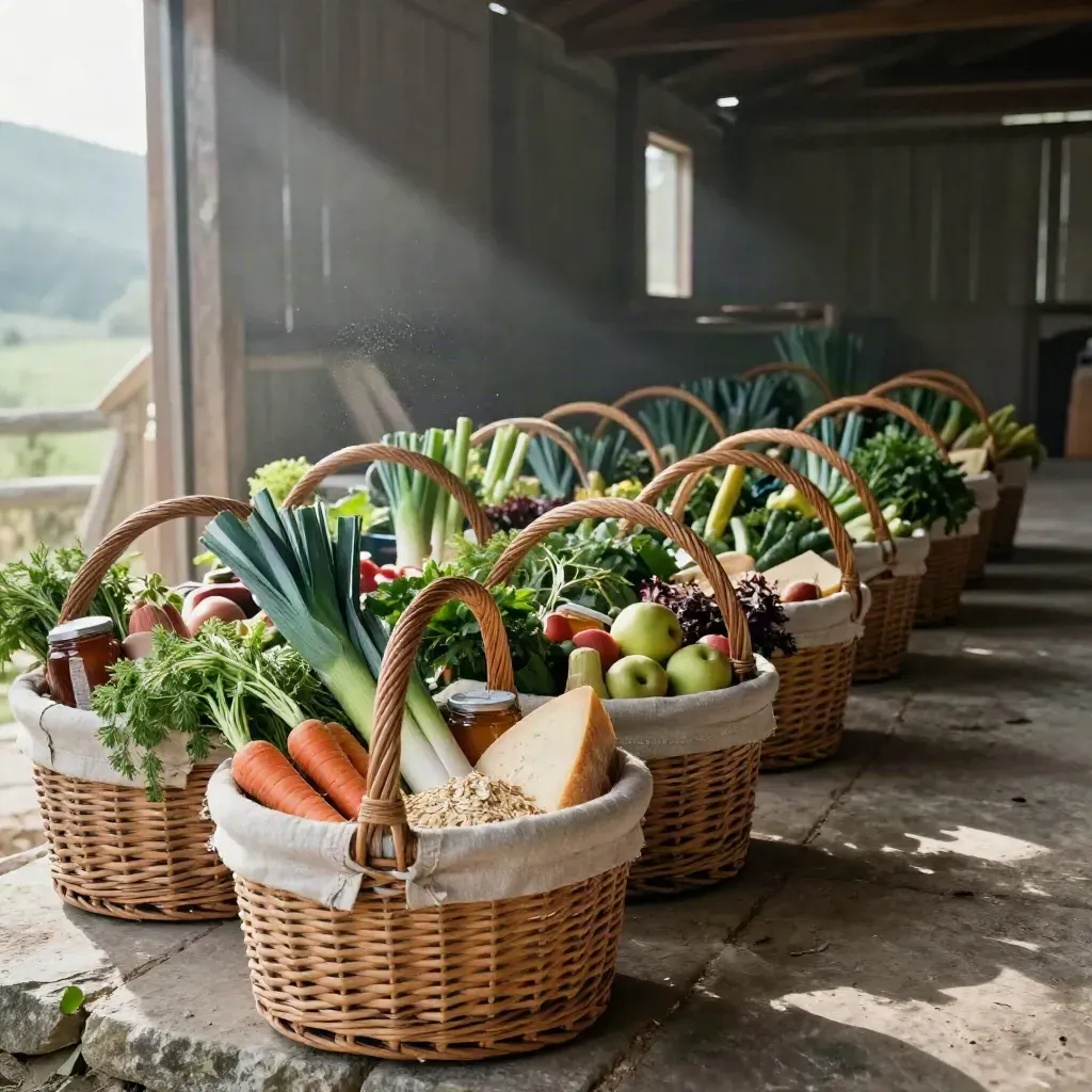 Ceste di vimini con ortaggi e frutta pronte per il ritiro nel fienile.