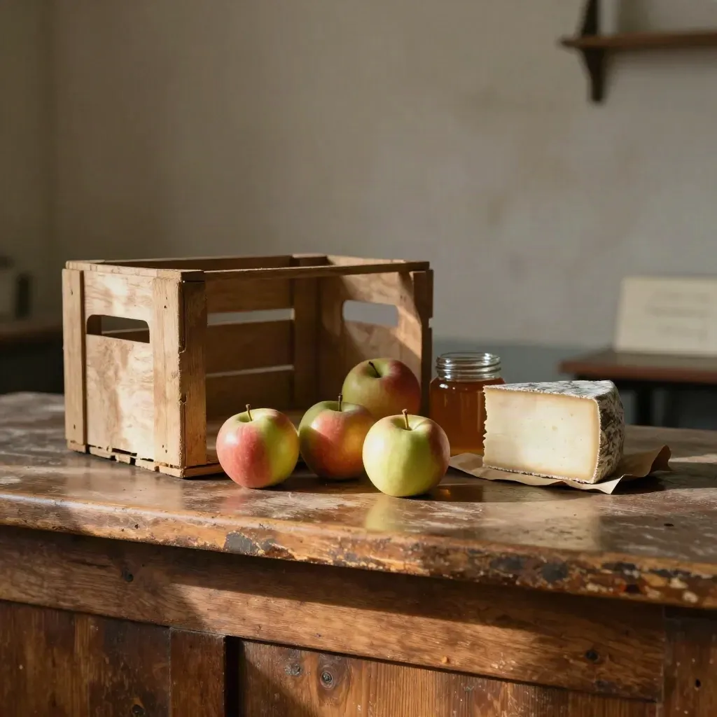 Banco di fattoria quasi vuoto con mele, formaggio e cassette aperte in luce calda