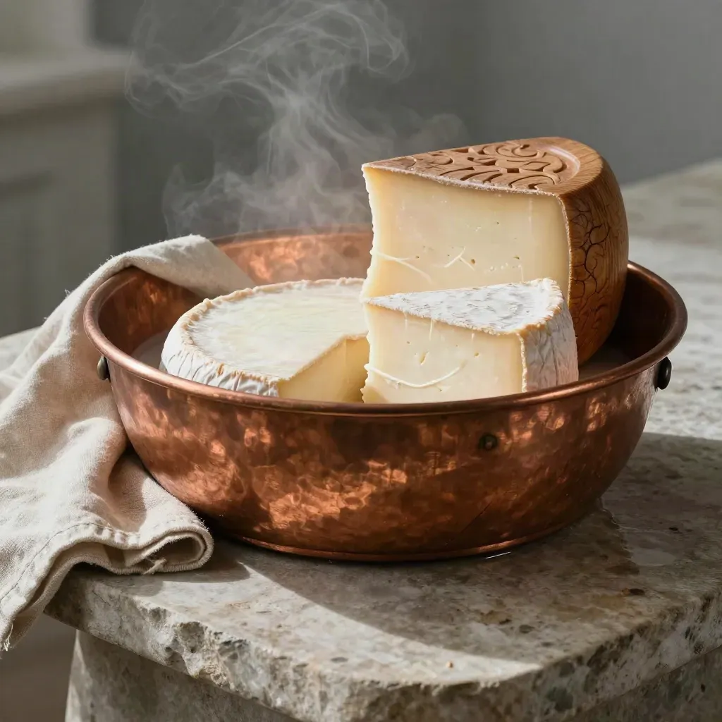 Bacino di rame e formaggio fresco su tavolo di pietra in una cantina casearia