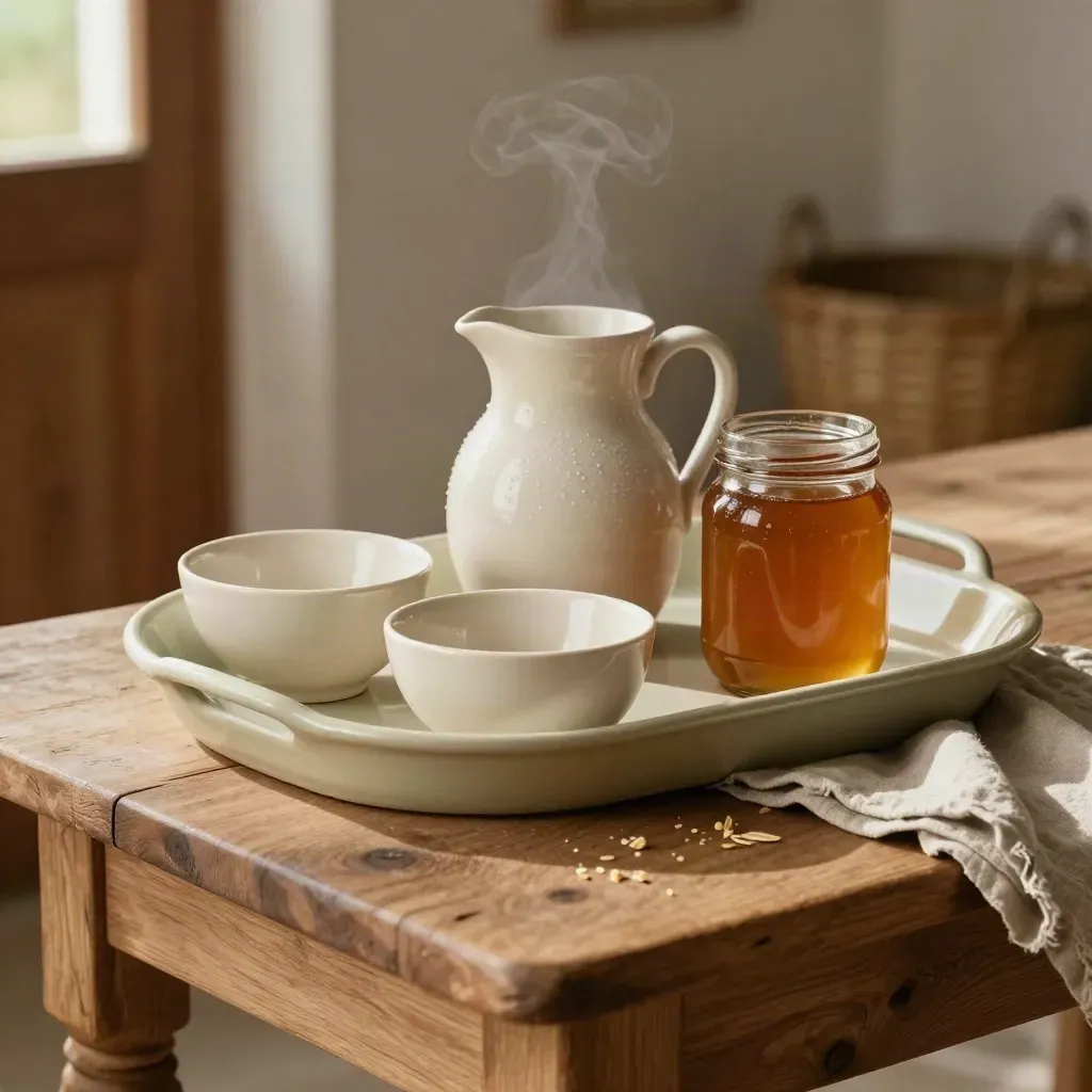 Vassoio di benvenuto in fattoria con ciotole di ceramica, latte, miele e lino piegato.