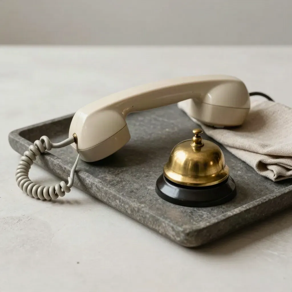 Telefono crema, campanello in ottone e cordone su vassoio di pietra.