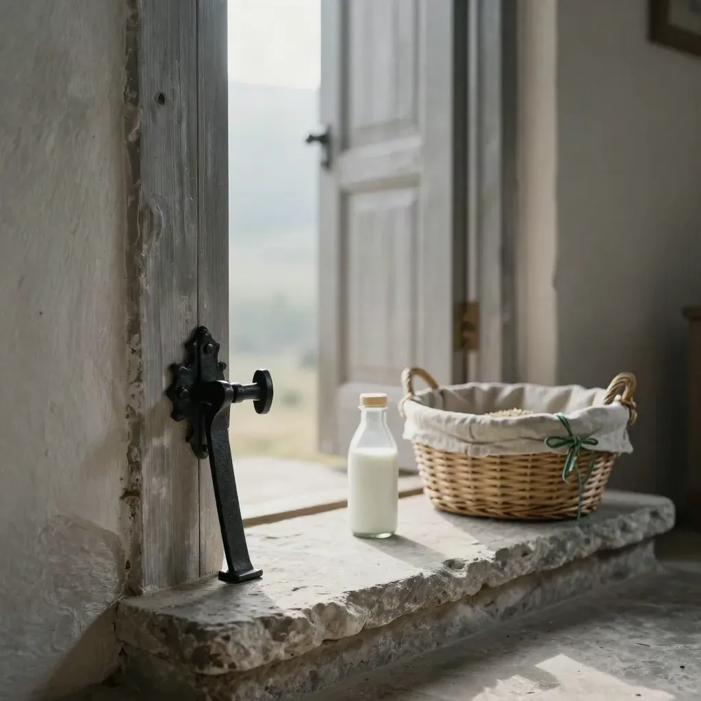 Soglia in pietra con bottiglia di latte e cesta intrecciata all’ingresso di una fattoria di montagna.