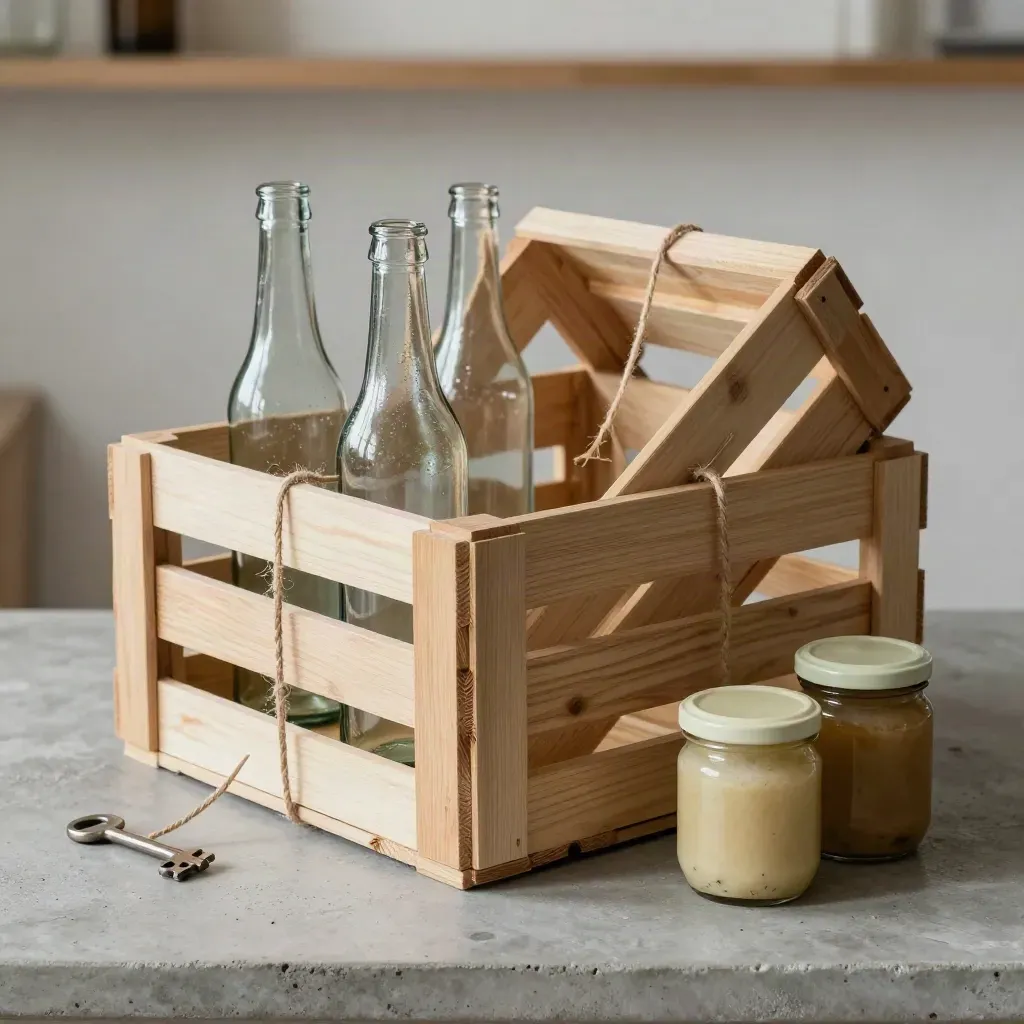Cassette di legno, bottiglie di vetro e vasetti di conserve su piano chiaro