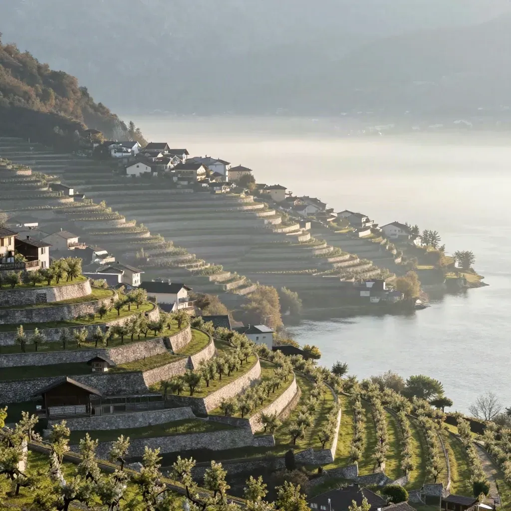 Terrazze di meleti sopra il lago, case pallide e Dolomiti nella nebbia dell’alba.