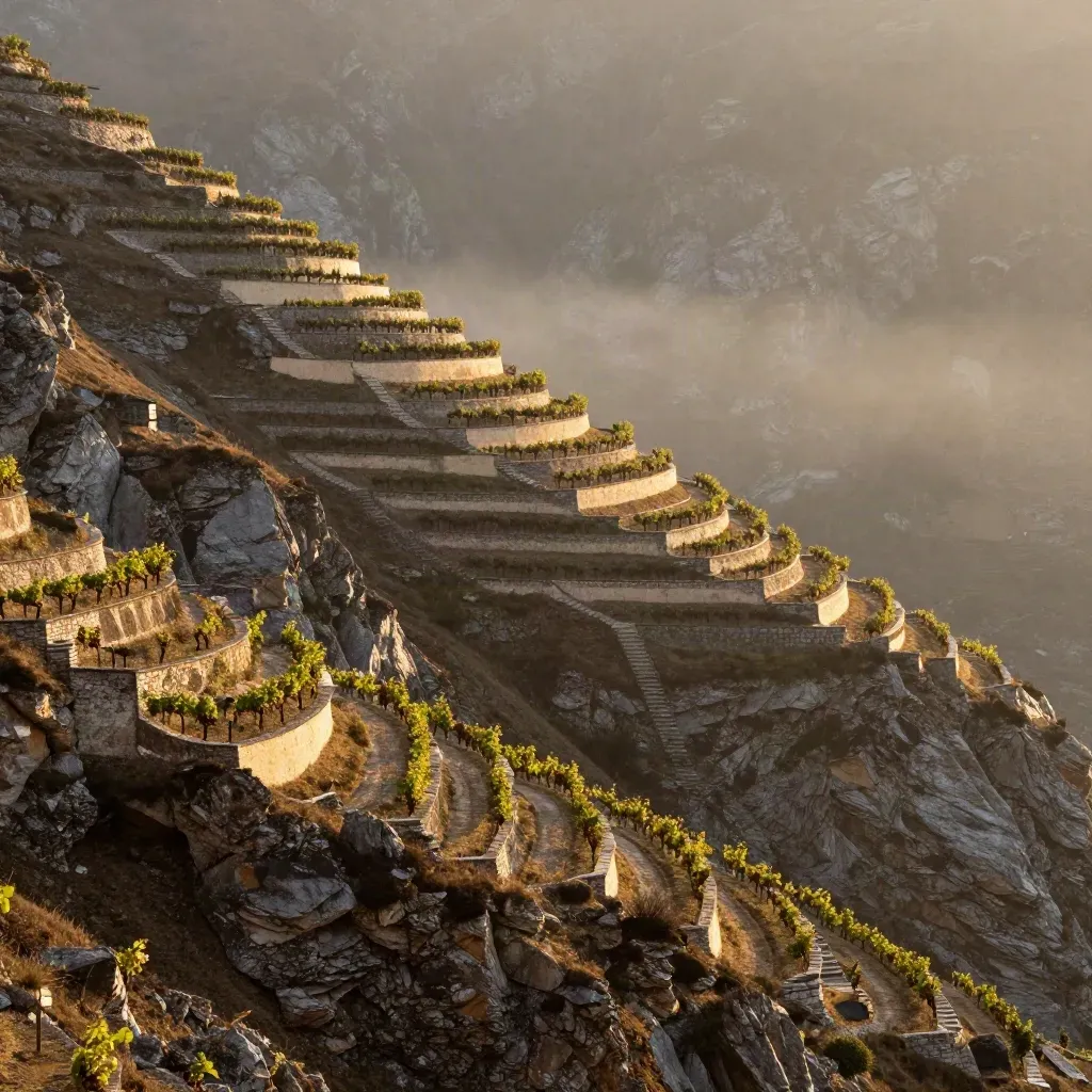 Vigneti terrazzati e gole dell’Avisio al tramonto, con foschia dorata e pietra porfirica.