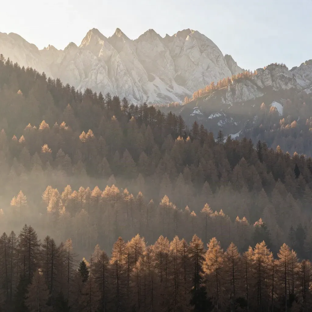 Lariceti e cresta dolomitica al sorgere del sole sopra la Val di Fiemme, in morbida foschia