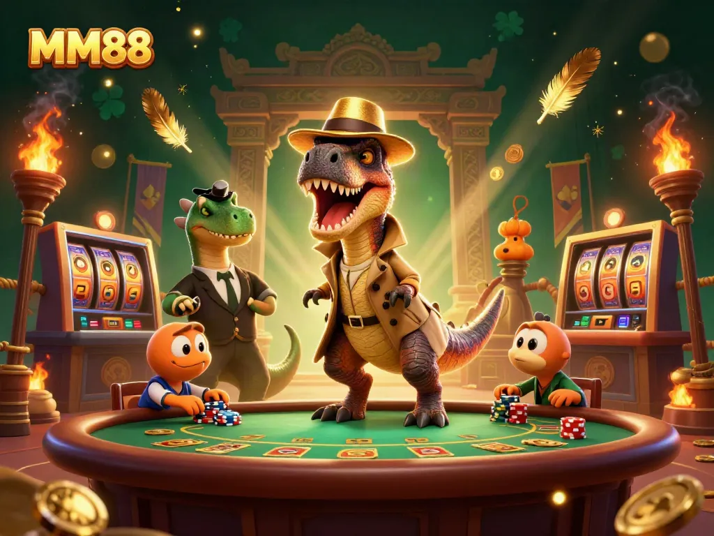 Vibrant MM88 casino illustration featuring a velociraptor card counter at blackjack with a stegosaurus pit boss.