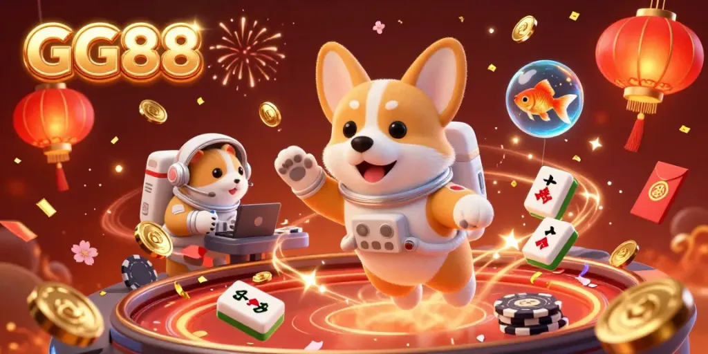 GG88-themed illustration showcasing a floating astronaut corgi in a colorful casino setting, surrounded by gold coins and festive elements.