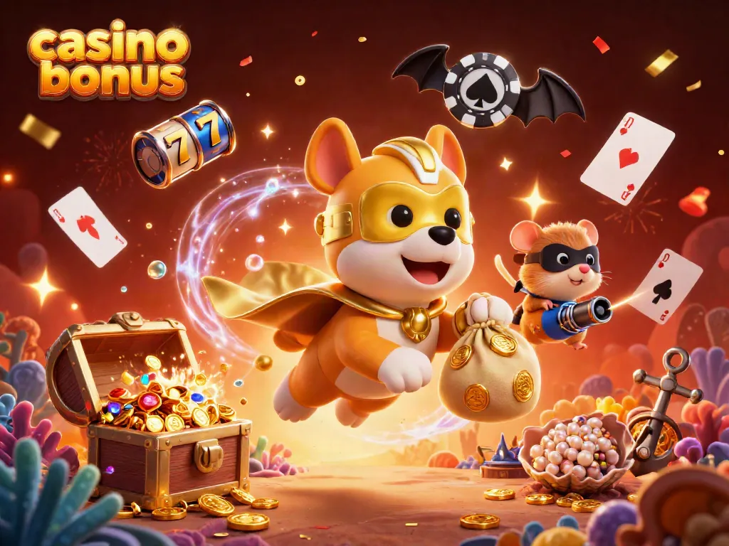 Win exciting casino bonuses with our vibrant 3D illustration featuring a superhero dog and treasures!