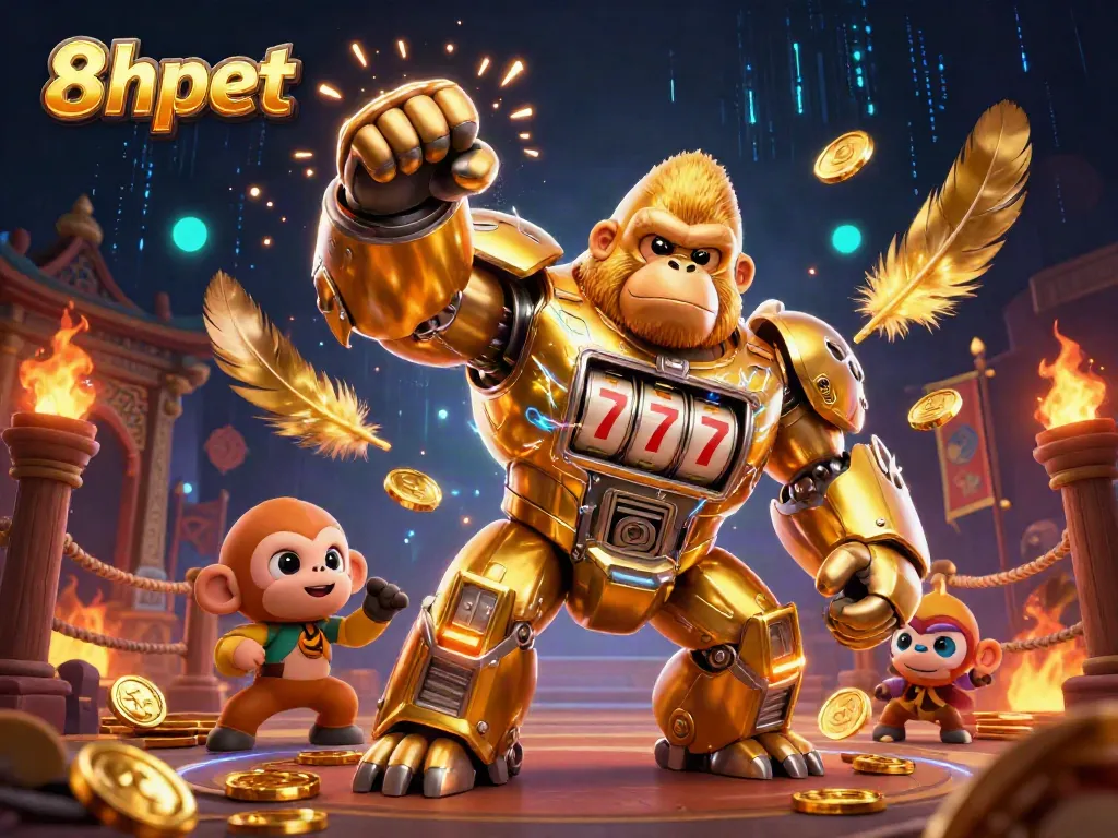 Engage with 8xbet's exciting gaming world in this vibrant 3D illustration of a golden gorilla mech.