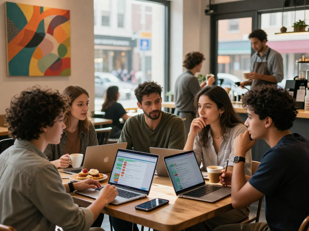 Engaging group enjoying spicy chat ai at a modern café