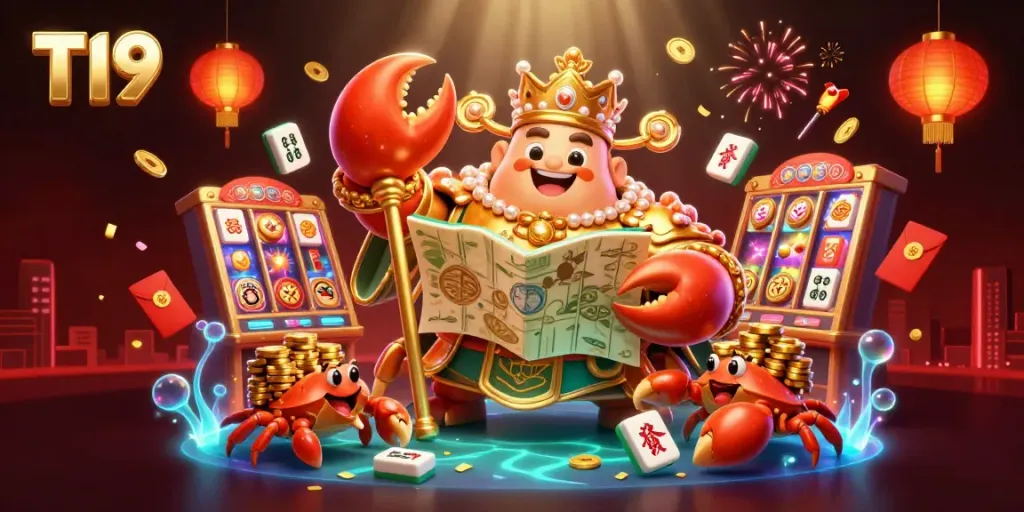 Engage with T19 casino's dynamic gaming scene featuring golden crab emperor and vibrant gaming elements.