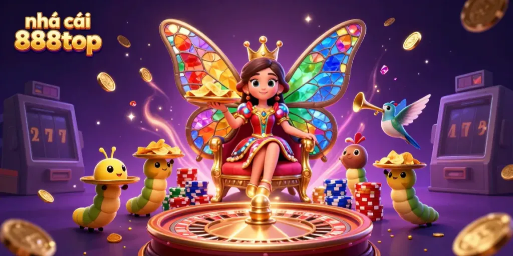 Experience the excitement at nhà cái 888top with vibrant casino elements and colorful characters in this dynamic scene.