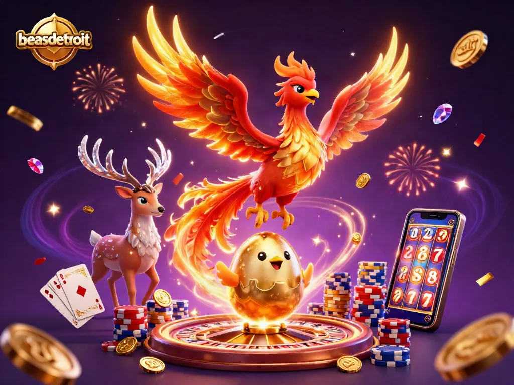 Experience thrilling gaming action with beasdetroit, featuring a fiery phoenix and casino elements.